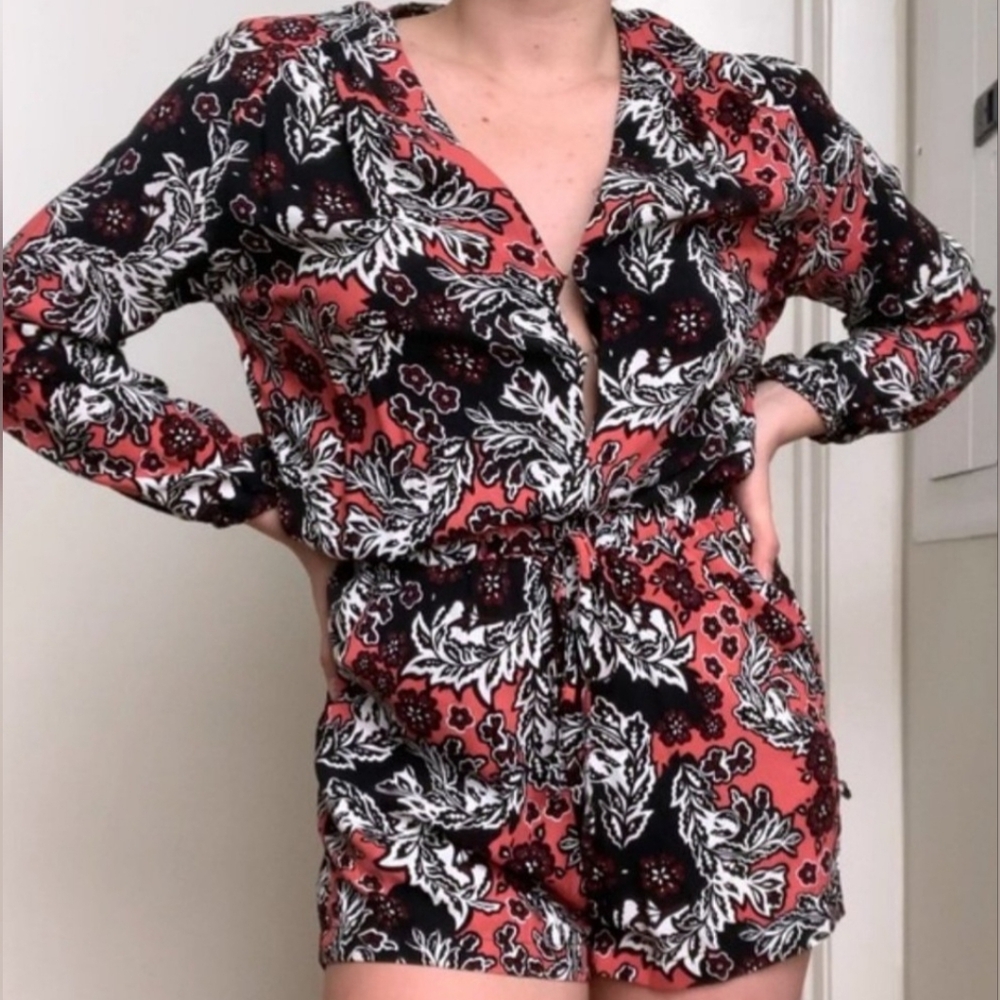 H&M Black White Pink Floral Long Sleeve Boho Cottagecore Romper Size 12